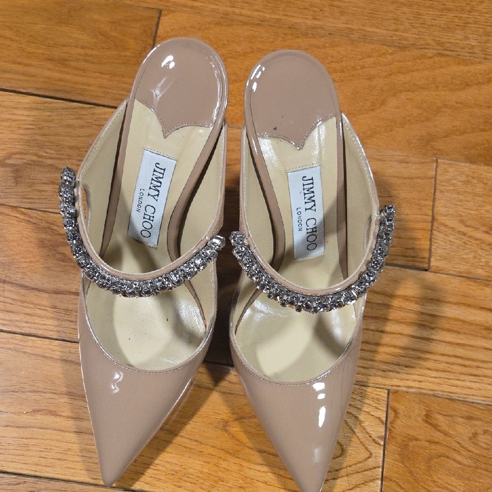 Jimmy Choo Nude Patent Heels 100mm with Silver Embellishments size 36